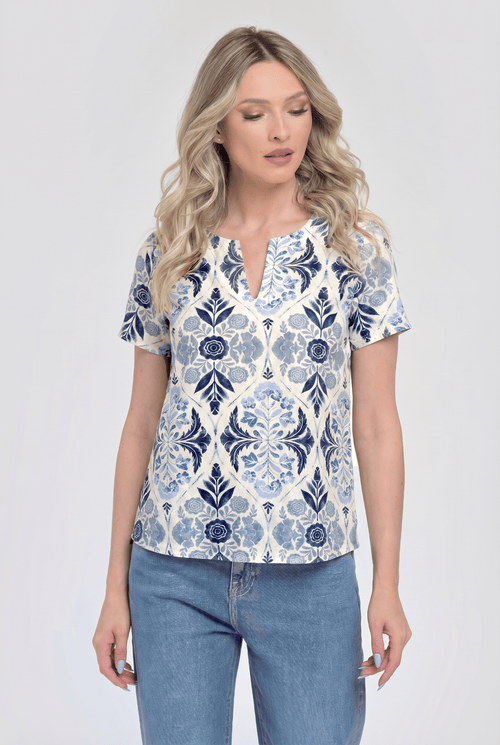 Bluză damă elegantă Alina albastru cu imprimeu floral Natalee