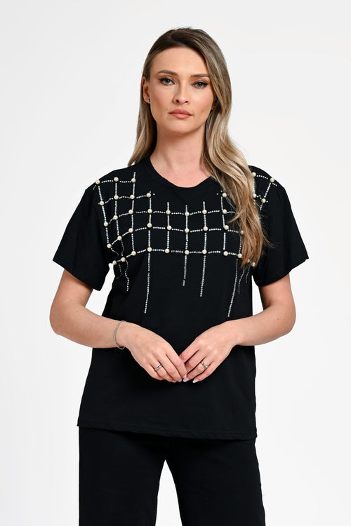 Bluză damă elegantă Bianca neagră cu aplicații perle și strasuri Natalee