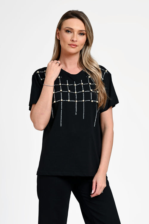 Bluză damă elegantă Bianca neagră cu aplicații perle și strasuri Natalee