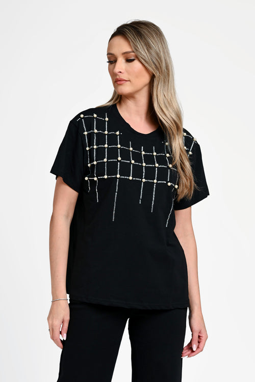 Bluză damă elegantă Bianca neagră cu aplicații perle și strasuri Natalee
