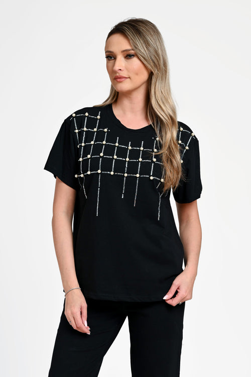Bluză damă elegantă Bianca neagră cu aplicații perle și strasuri Natalee