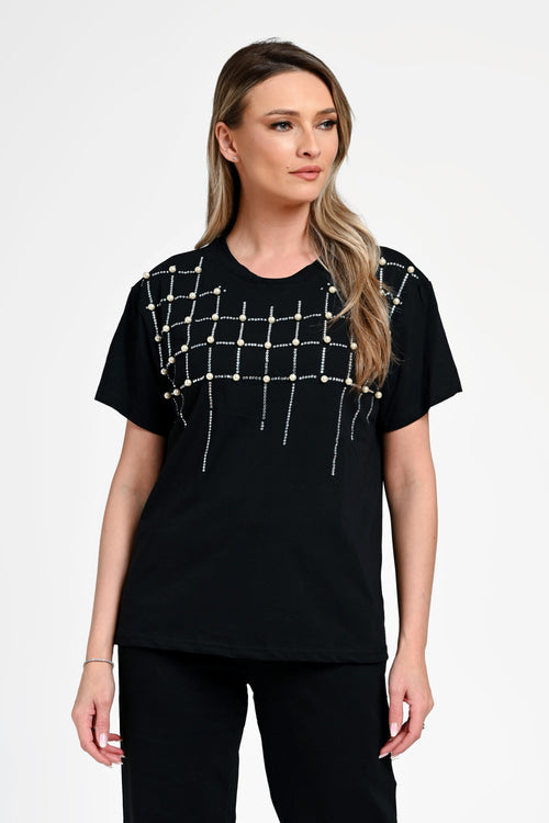 Bluză damă elegantă Bianca neagră cu aplicații perle și strasuri Natalee