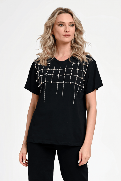 Bluză damă elegantă Bianca neagră cu aplicații perle și strasuri Natalee