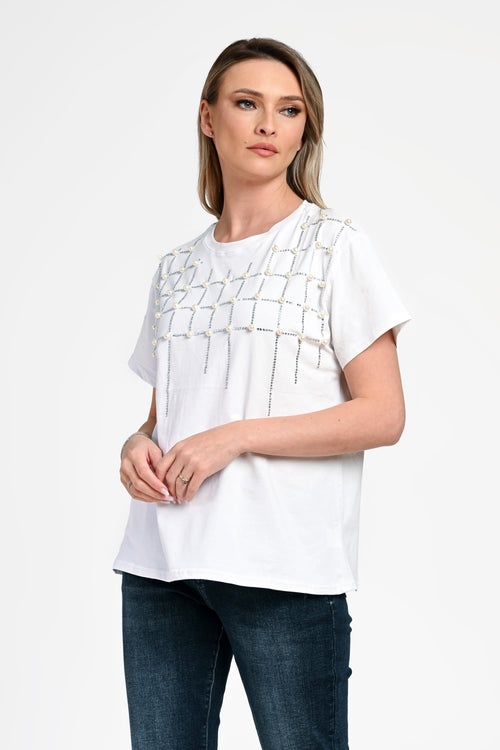 Bluză damă elegantă Diana albă cu aplicații strălucitoare Natalee Fashion