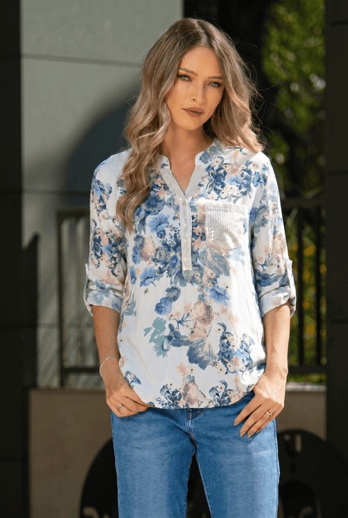 Bluză damă elegantă Irina albă cu imprimeu floral pastel Natalee