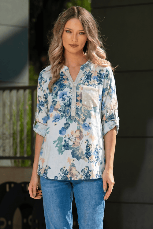 Bluză damă elegantă Irina albă cu imprimeu floral pastel Natalee