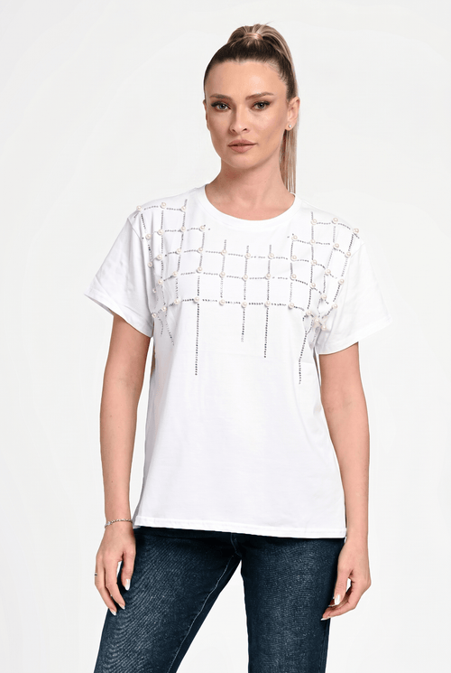 Bluză damă elegantă Sofia albă cu aplicații perle și strasuri Natalee