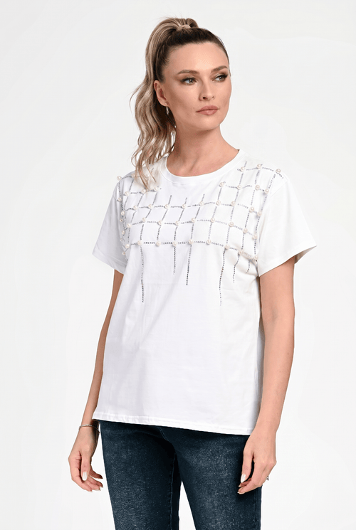 Bluză damă elegantă Sofia albă cu aplicații perle și strasuri Natalee