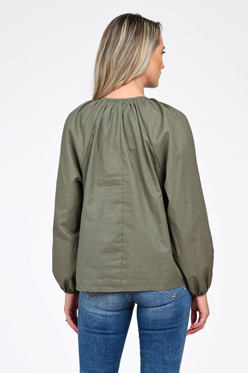 Bluză damă kaki cu broderie florală și decolteu ajustabil Natalee Fashion