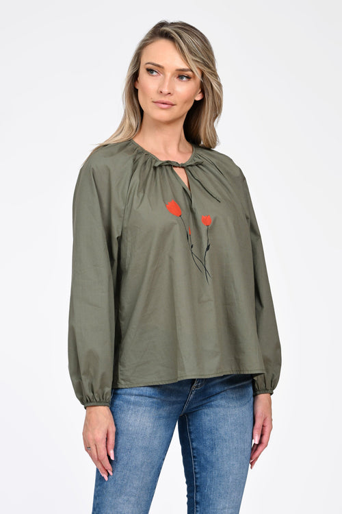Bluză damă kaki cu broderie florală și decolteu ajustabil Natalee Fashion