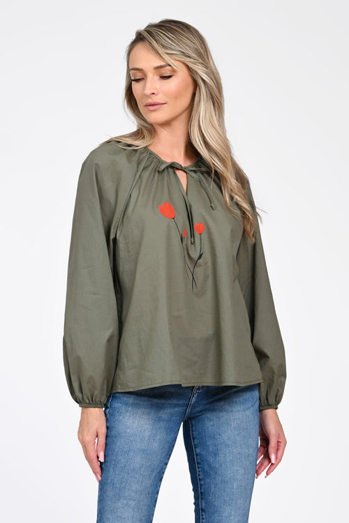 Bluză damă kaki cu broderie florală și decolteu ajustabil Natalee Fashion