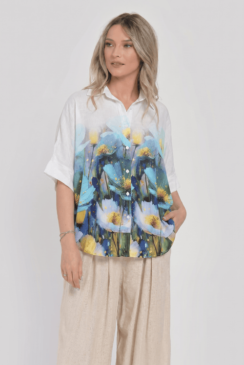 Bluză damă lejeră cu imprimeu floral albastru-verde, din vâscoză Natalee