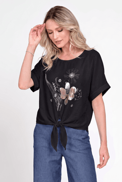 Bluză damă neagră cu imprimeu floral și nod decorativ Elena Natalee