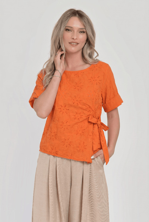 Bluză damă portocalie brodată cu fundă laterală – Soraya Natalee