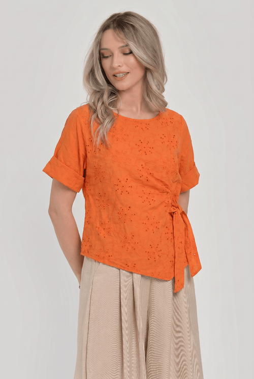 Bluză damă portocalie brodată cu fundă laterală – Soraya Natalee