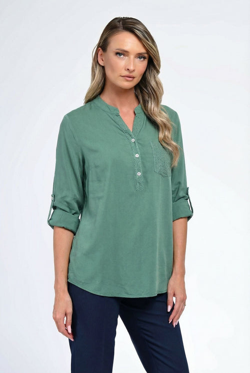 Bluză damă verde casual cu buzunar texturat Olivia Natalee