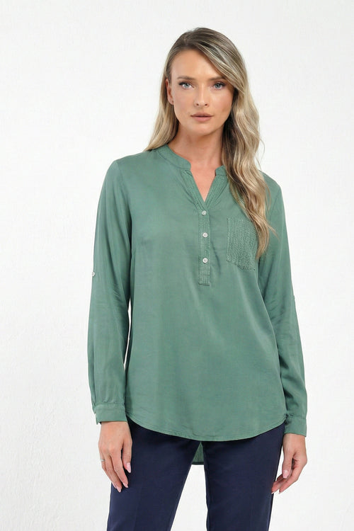 Bluză damă verde casual cu buzunar texturat Olivia Natalee