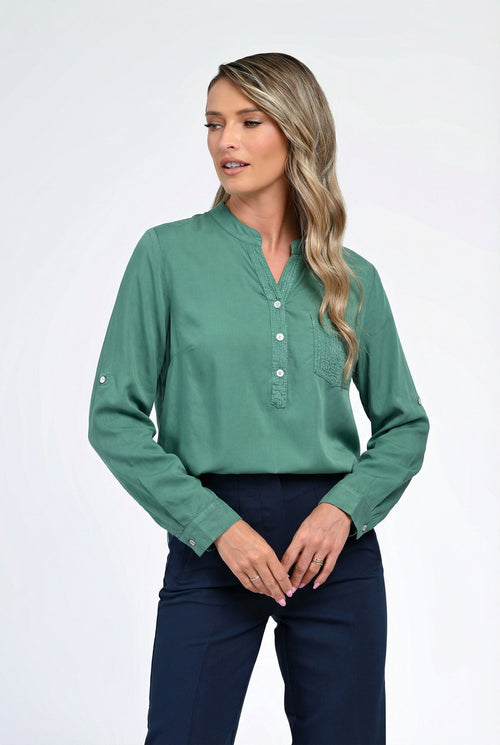 Bluză damă verde casual cu buzunar texturat Olivia Natalee