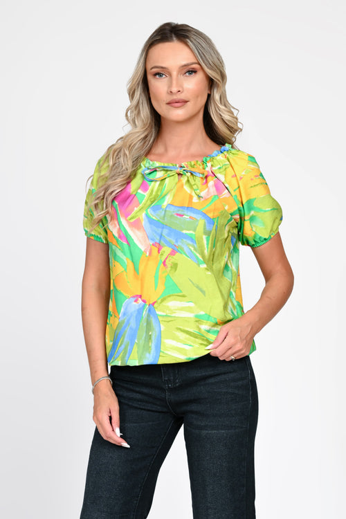 Bluză damă verde cu imprimeu tropical și fundă Melisa Natalee Fashion