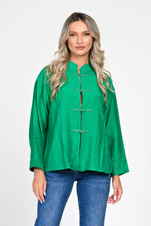 Bluză damă verde smarald cu închideri decorative Mei Natalee