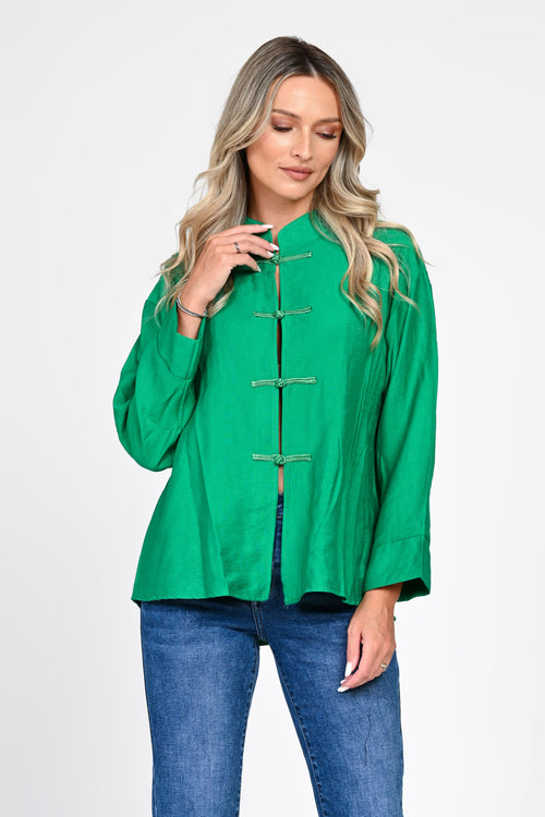 Bluză damă verde smarald cu închideri decorative Mei Natalee