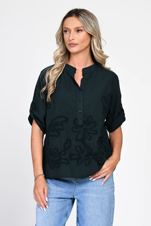 Bluză neagră din bumbac 100% cu aplicații florale 3D Natalee Fashion
