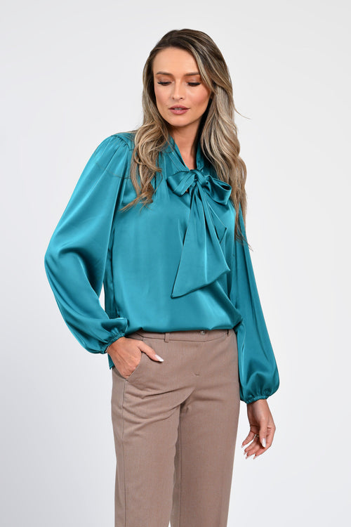 Bluză satinatã turcoaz cu fundă Clara Natalee