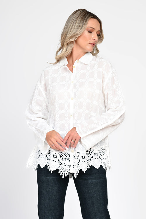 Cămașă damă albă cu broderie și dantelă Miruna Natalee Fashion