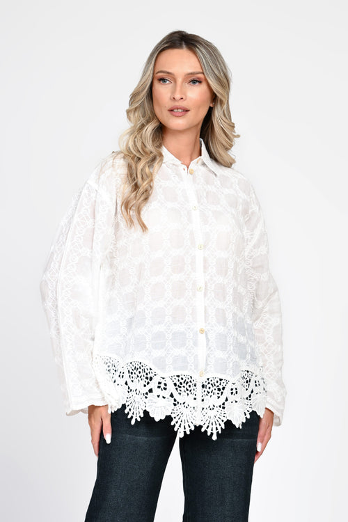 Cămașă damă albă cu broderie și dantelă Miruna Natalee Fashion