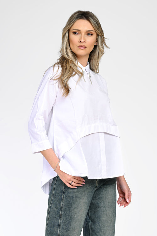 Cămașă damă albă cu design stratificat și detalii bijuterie Elise Natalee