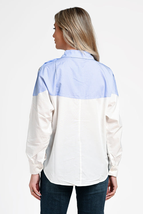Cămașă damă albă cu inserții bleu în dungi Alina Natalee Fashion