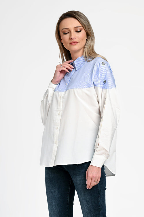 Cămașă damă albă cu inserții bleu în dungi Alina Natalee Fashion