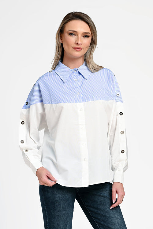 Cămașă damă albă cu inserții bleu în dungi Alina Natalee Fashion