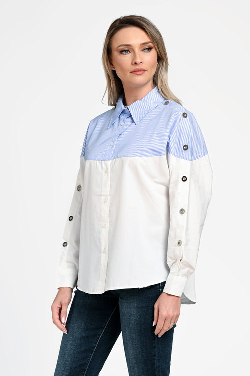 Cămașă damă albă cu inserții bleu în dungi Alina Natalee Fashion