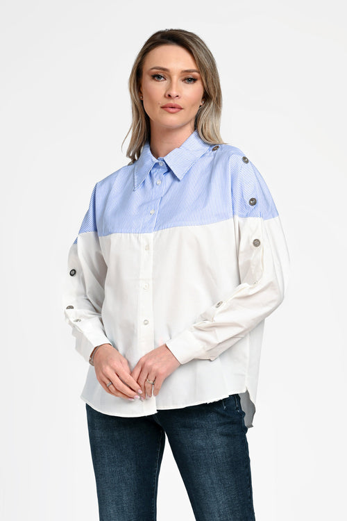 Cămașă damă albă cu inserții bleu în dungi Alina Natalee Fashion