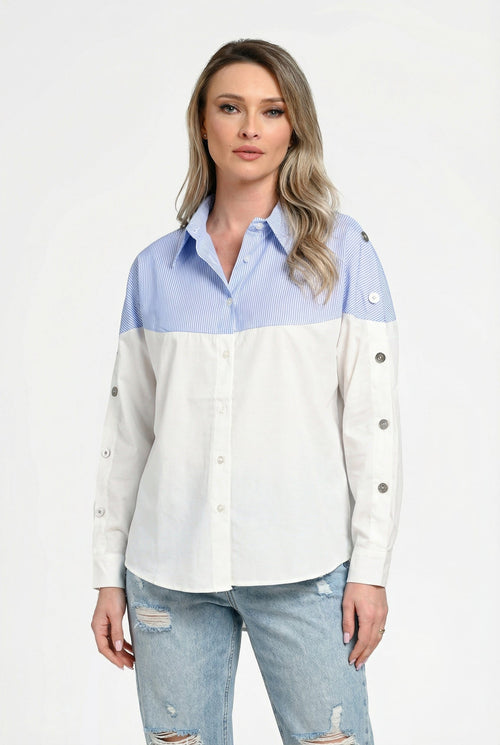 Cămașă damă albă cu inserții bleu în dungi Alina Natalee Fashion