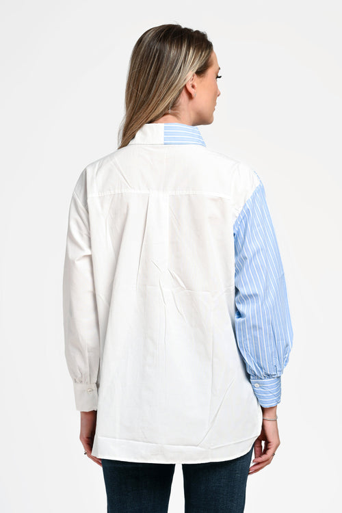 Cămașă damă asimetrică bleu cu alb și detaliu inimă Mara Natalee Fashion