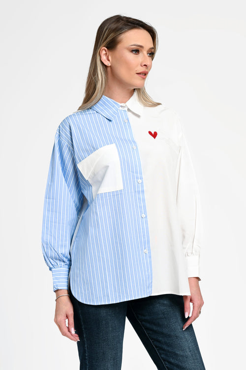 Cămașă damă asimetrică bleu cu alb și detaliu inimă Mara Natalee Fashion
