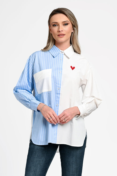 Cămașă damă asimetrică bleu cu alb și detaliu inimă Mara Natalee Fashion