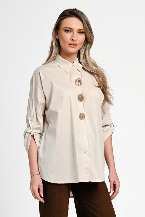Cămașă damă bej cu nasturi decorativi Selene Sand Natalee