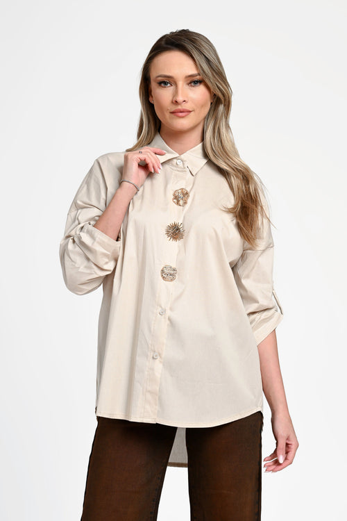 Cămașă damă bej cu nasturi decorativi Selene Sand Natalee