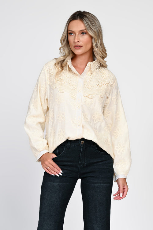 Cămașă damă crem cu broderie și dantelă Nadia Natalee Fashion