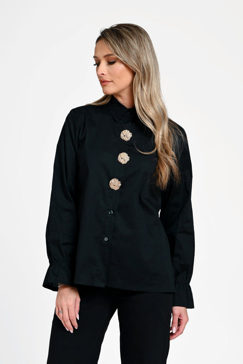 Cămașă damă neagră cu nasturi decorativi –Isadora Black Natalee Fashion