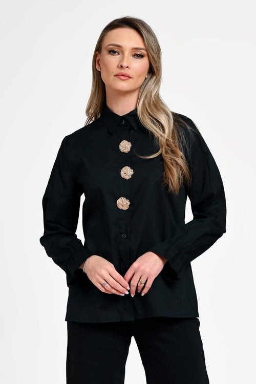 Cămașă damă neagră cu nasturi decorativi –Isadora Black Natalee Fashion