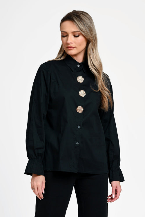 Cămașă damă neagră cu nasturi decorativi –Isadora Black Natalee Fashion