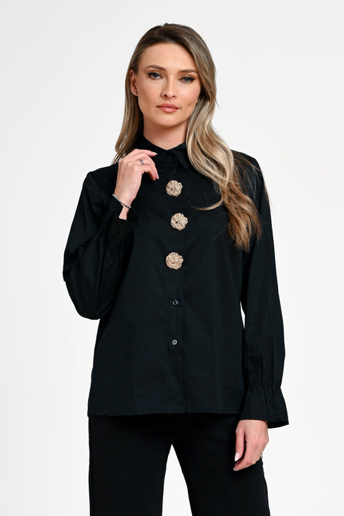 Cămașă damă neagră cu nasturi decorativi –Isadora Black Natalee Fashion