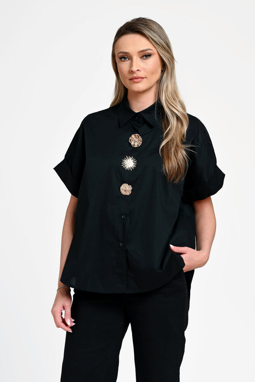 Cămașă damă neagră cu nasturi decorativi Selene Black Natalee Fashion