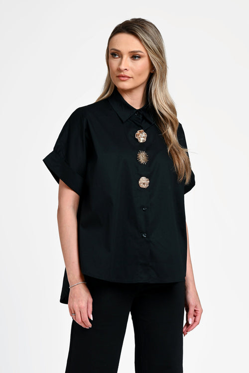 Cămașă damă neagră cu nasturi decorativi Selene Black Natalee Fashion