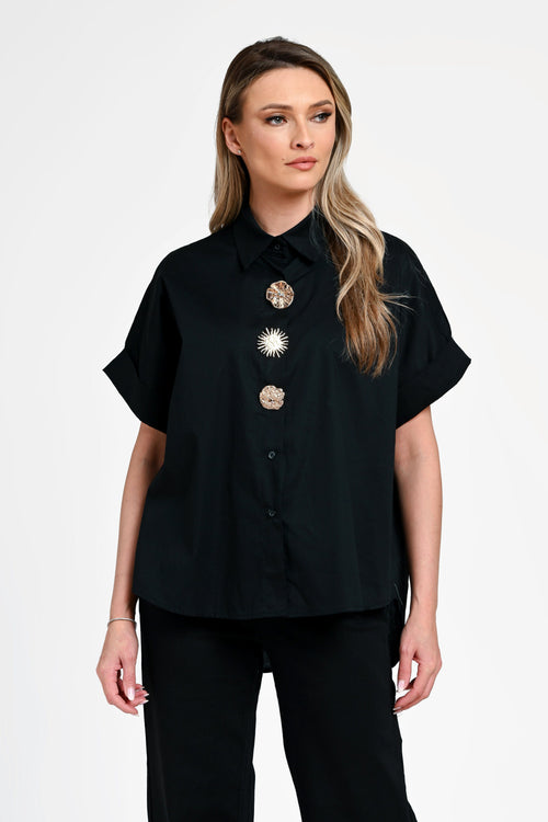 Cămașă damă neagră cu nasturi decorativi Selene Black Natalee Fashion