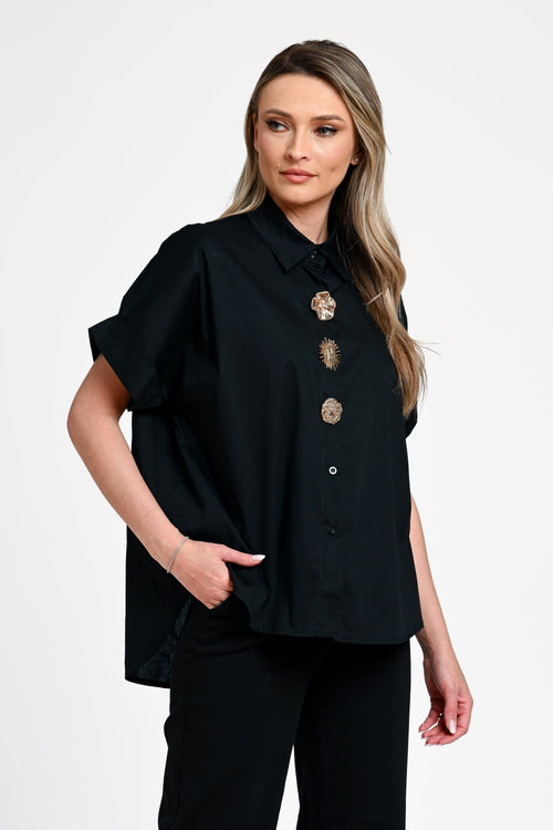 Cămașă damă neagră cu nasturi decorativi Selene Black Natalee Fashion